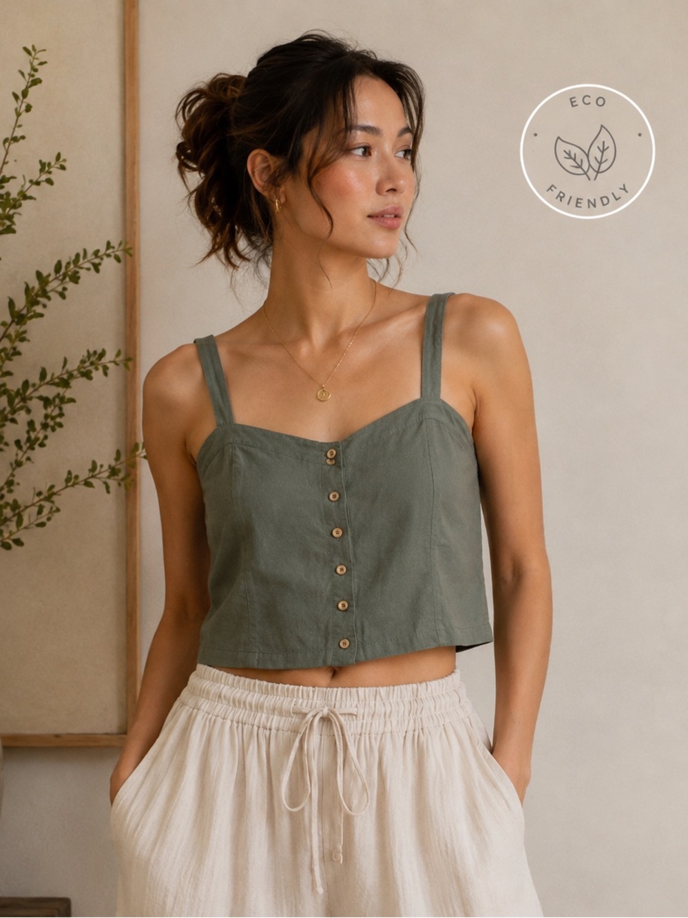 Tentree TENCEL Lyocell Linen Green Button Front Crop Top L